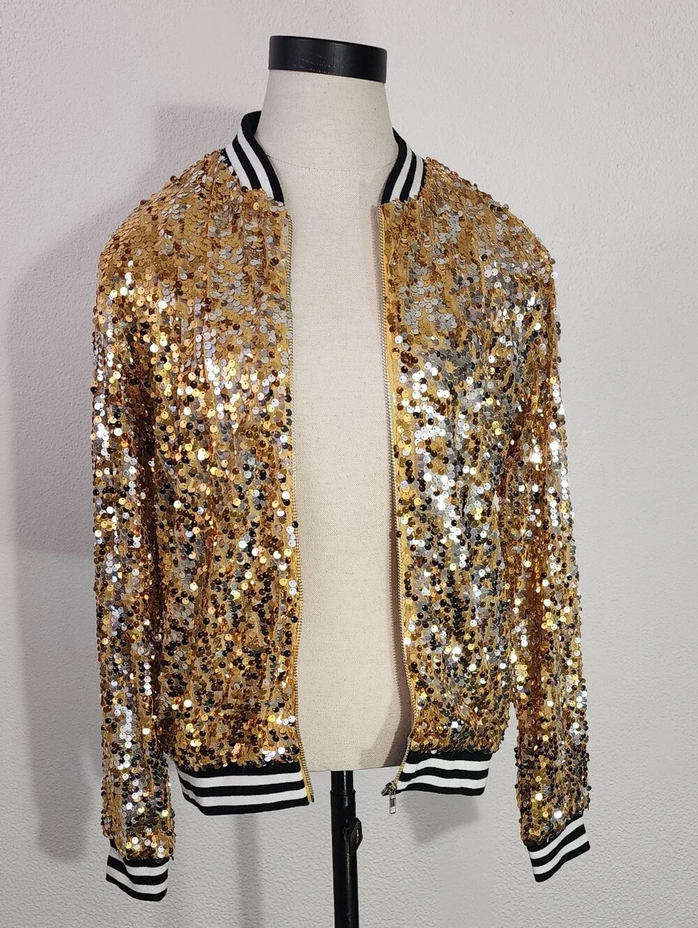 Anna-Kaci Jacket Gold Sequin Bomber Style Sparling Gold Size S - Picture 5 of 17
